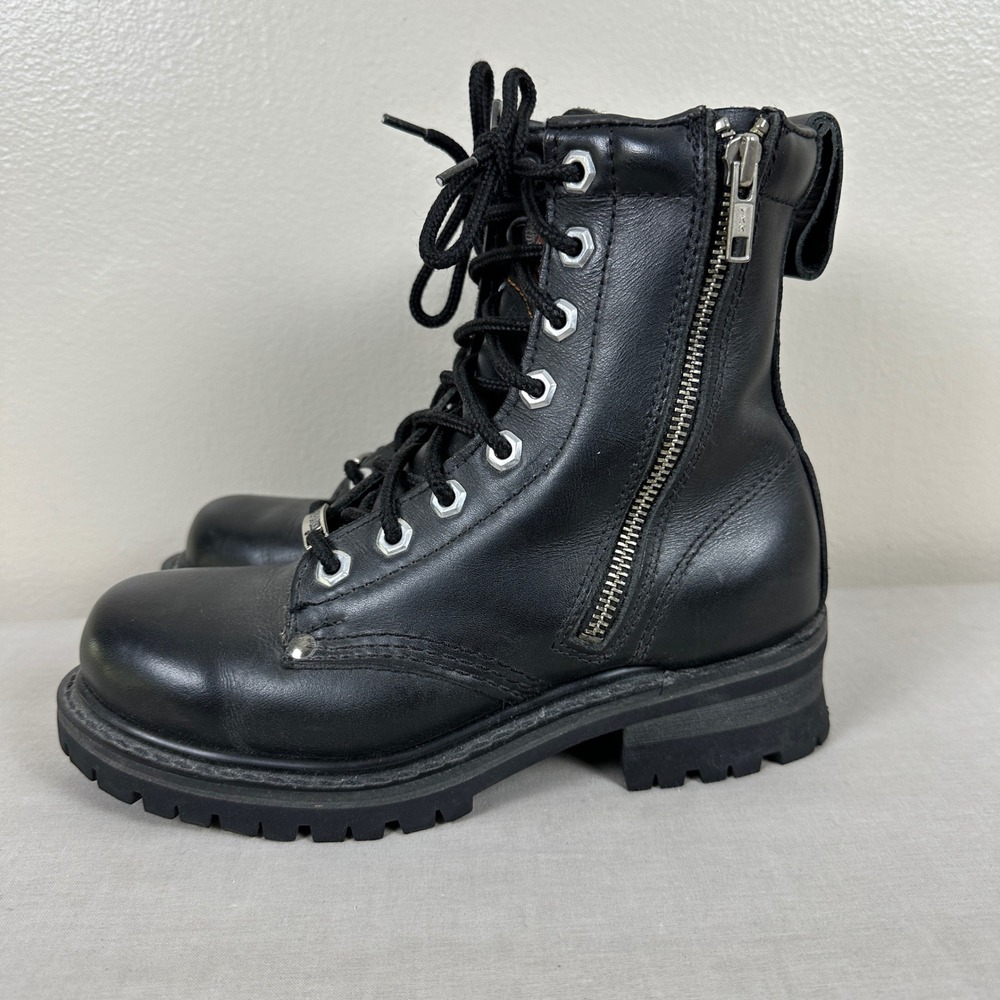 Harley-Davidson Women's 6 Combat Boots Black Leather Side Zip Bikercore